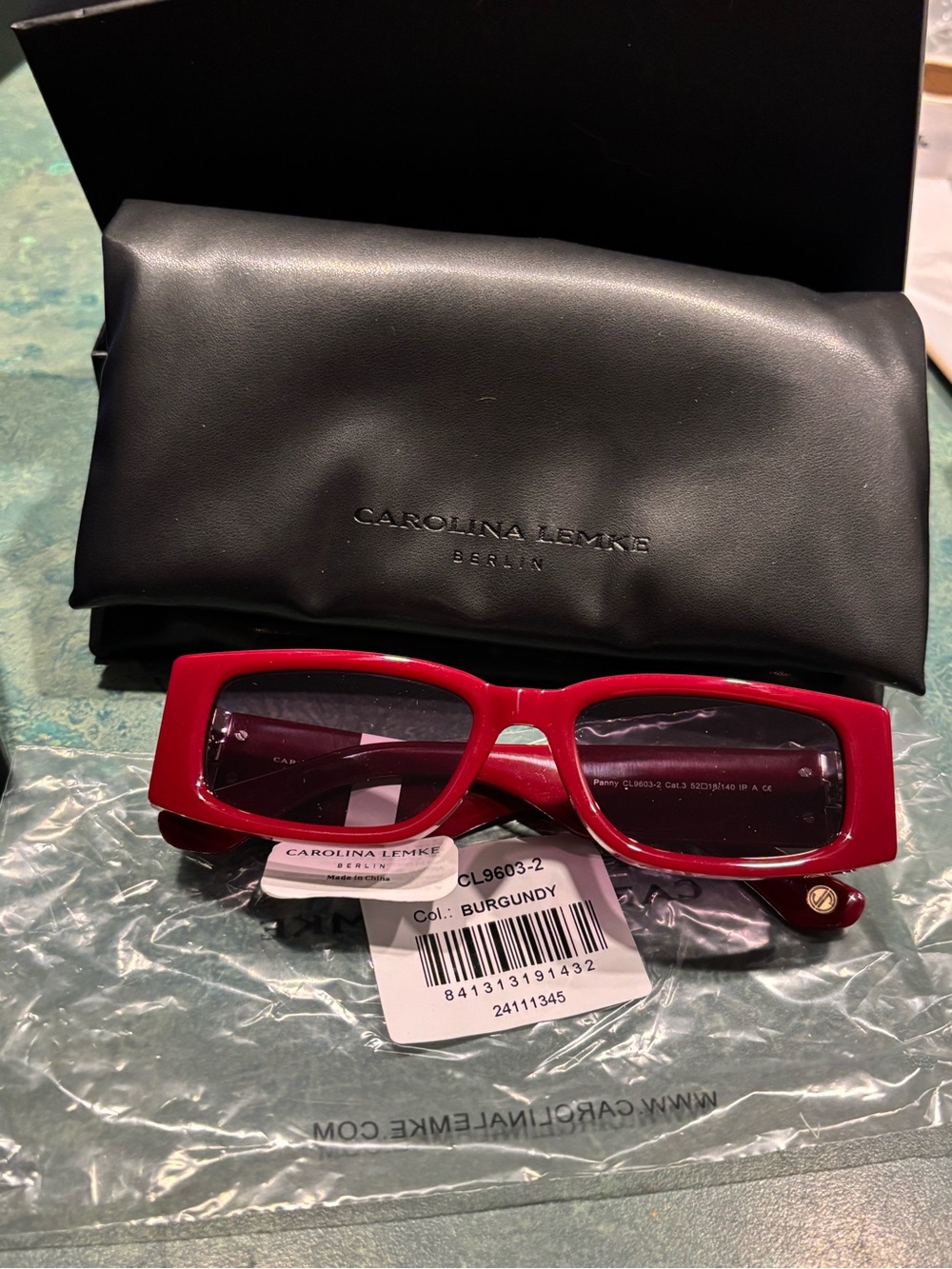 BNWT Carolina Lemke Burgundy Rectangular Sunglasses